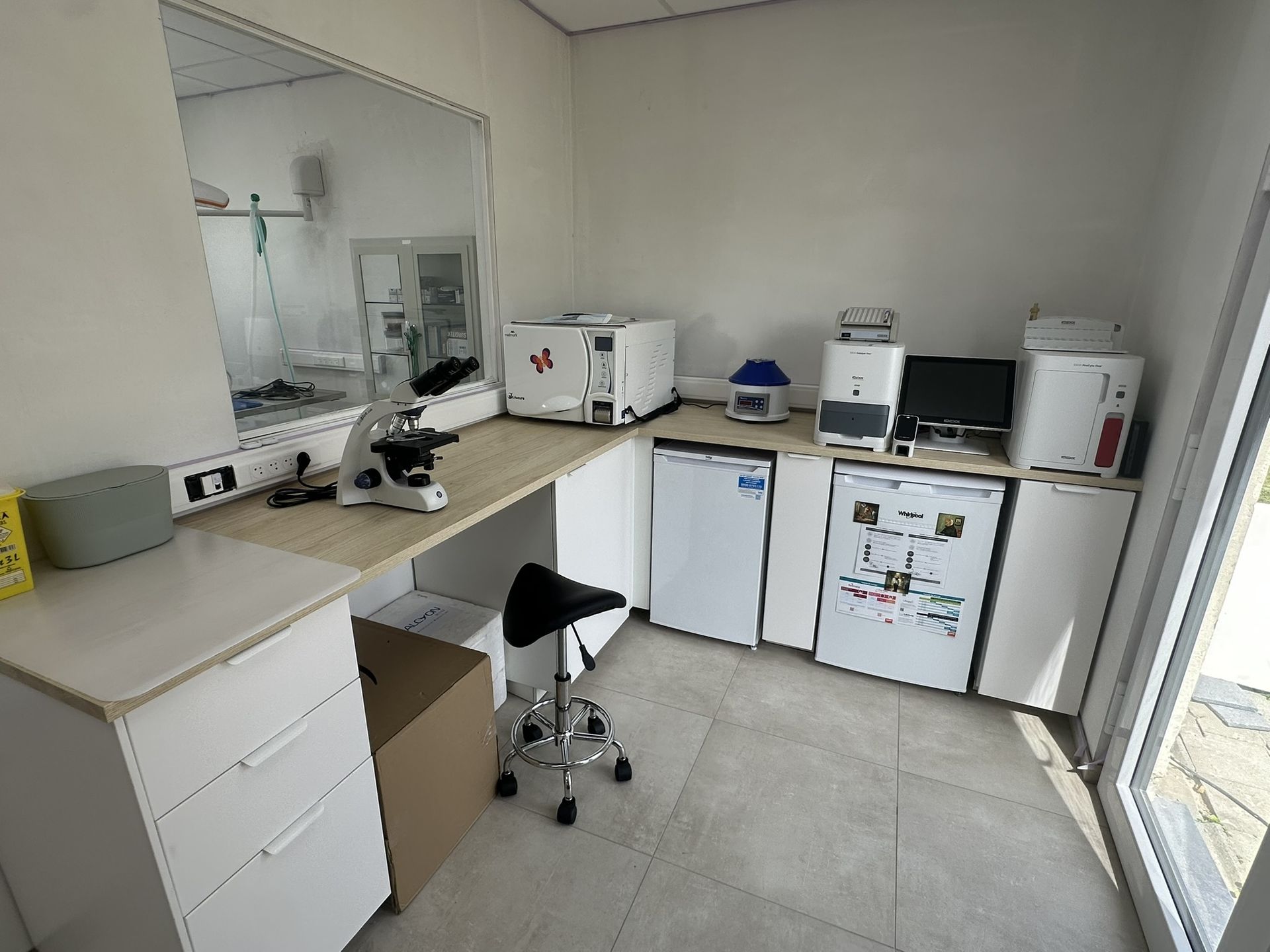 Laboratoire d'analyses vétérinaires équipé d'un analyseur sanguin, d'un microscope et d'équipements de diagnostic pour des résultats rapides et précis au sein de notre cabinet vétérinaire.