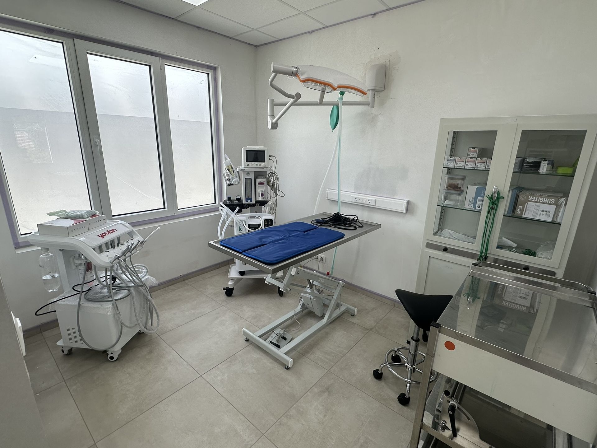 Salle de chirurgie vétérinaire équipée d'une table d'intervention, d'une unité dentaire, d'un système d'anesthésie gazeuse et d'un monitoring multiparamétrique pour assurer des interventions chirurgicales en toute sécurité.