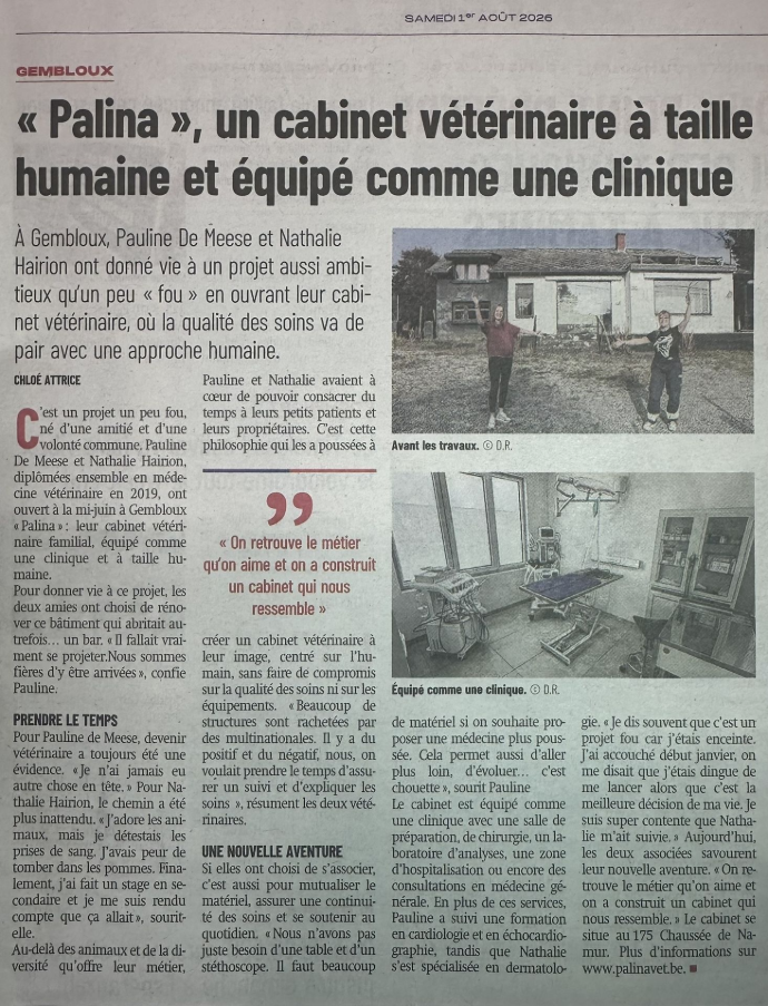 Article de Sudinfo consacré au Cabinet Vétérinaire Palina à Gembloux