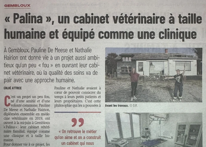 Article de Sudinfo consacré au Cabinet Vétérinaire Palina à Gembloux
